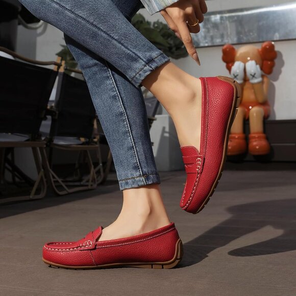 Kordal Women's Red Leather Comfortable & Lightweight Penny Loafers Flats - Picture 8 of 9